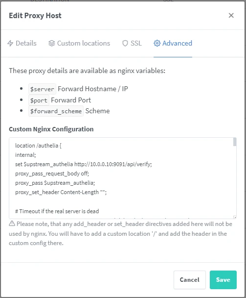NginxProxyManager new proxy host advanced options